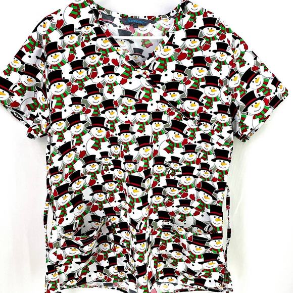Serene Uniforms Christmas Snowman Frosty Buttery Soft Scrub Uniform Top LARGE - Picture 1 of 4